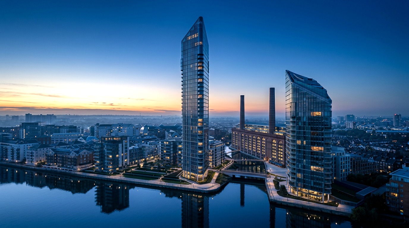 Modern glass facade at twilight